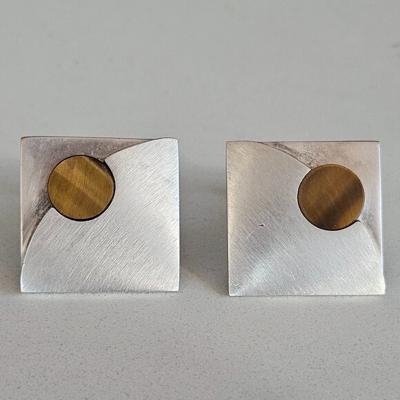 Vintage Estate Mid Century Modern MOLTKE Denmark Sterling Tigers Eye Cufflinks - Picture 1 of 5